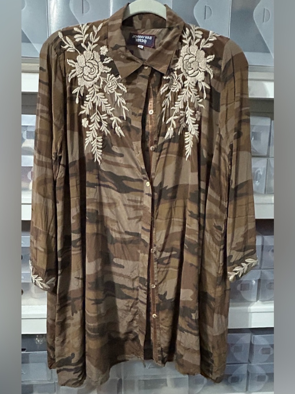 Johnny Was Brown Camo Shirt with Cream Floral Embroidery